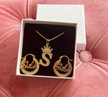 Load image into Gallery viewer, Initial crown necklace X iced out hoops set