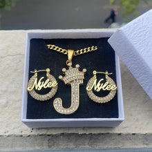 Load image into Gallery viewer, Initial crown necklace X iced out hoops set